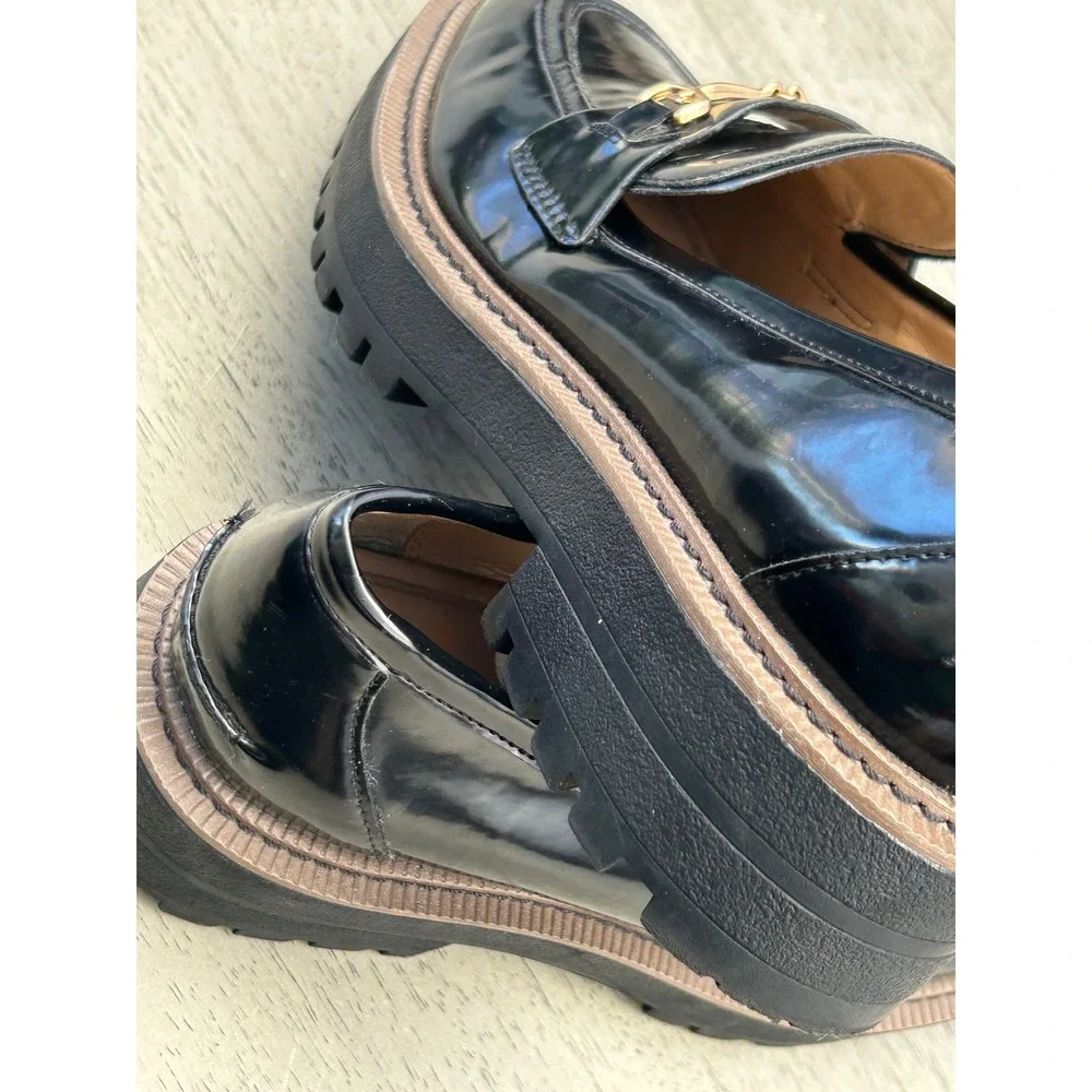 Sam Edelman Black Patent Horsebit Lug Sole Loafers Womens 8 Chunky Platform